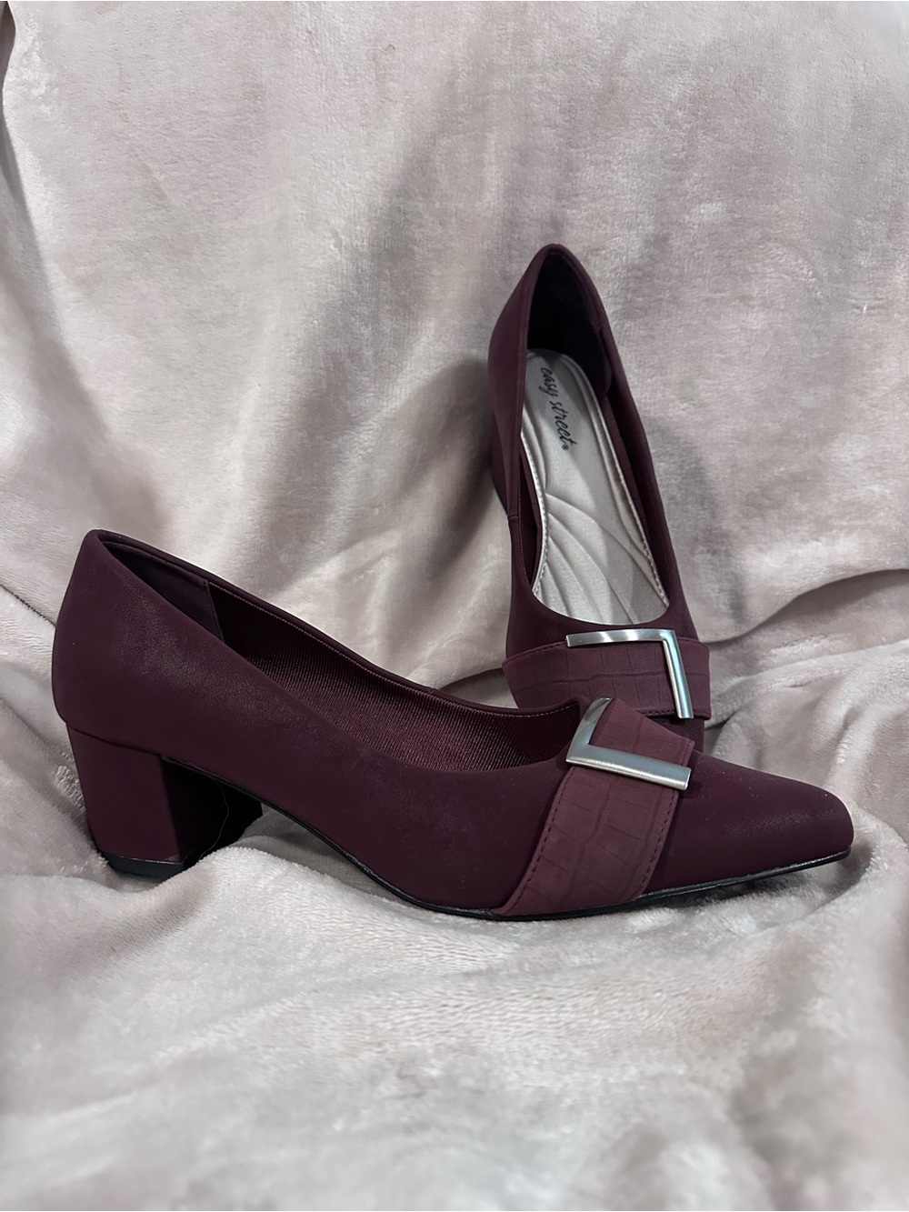 easy street Deep Wine Low Block Heel Pumps with Silver Buckle